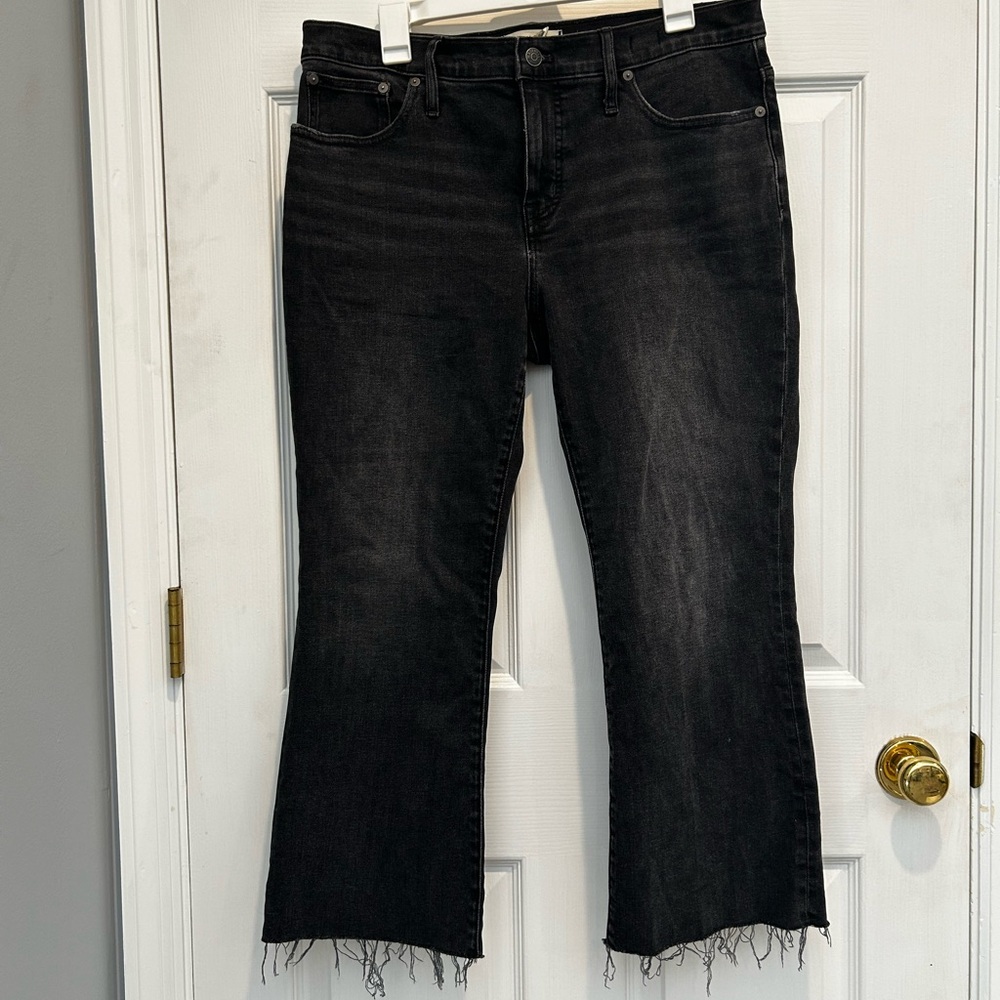 Madewell washed black kick crop jeans with raw hem